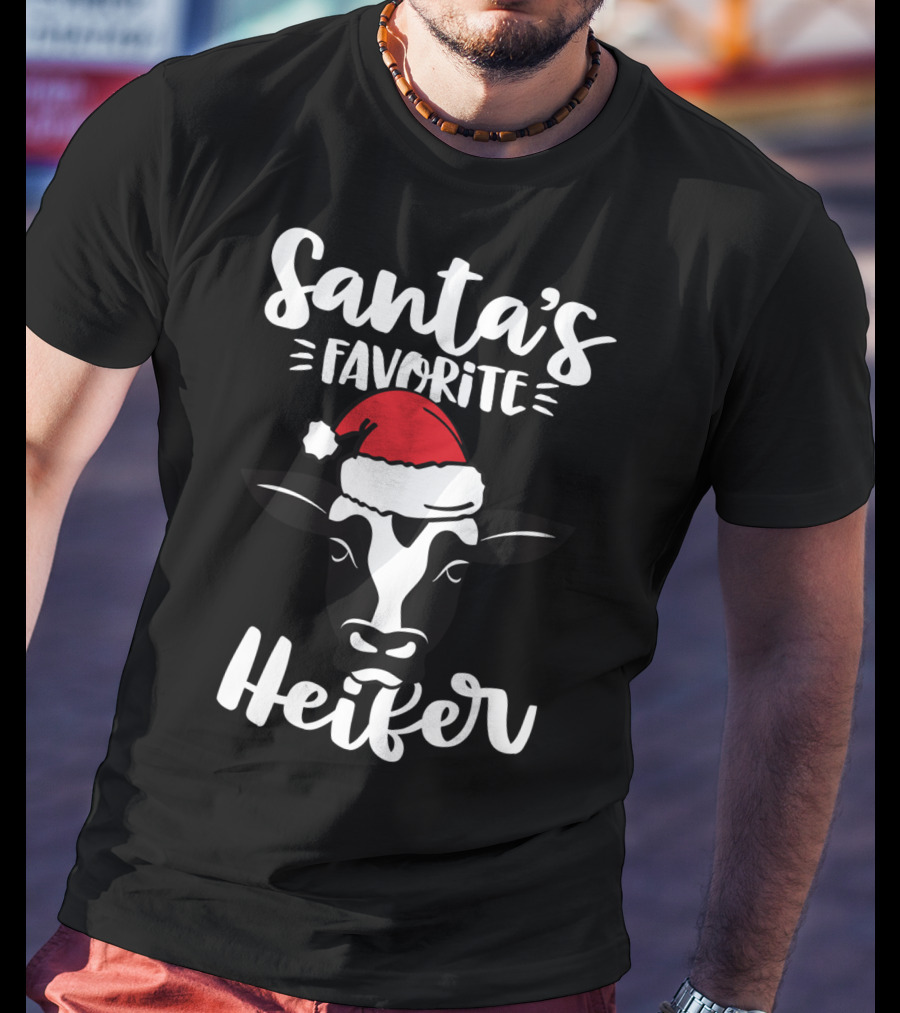 Santa's Favorite Heifer Cow Cattle Farmer Christmas Santa Hat T-Shirt