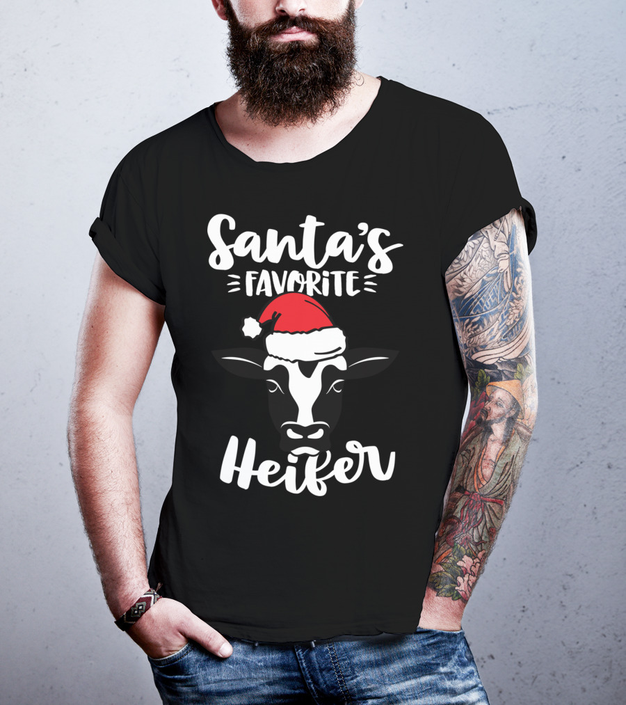 Santa's Favorite Heifer Cow Cattle Farmer Christmas Santa Hat T-Shirt