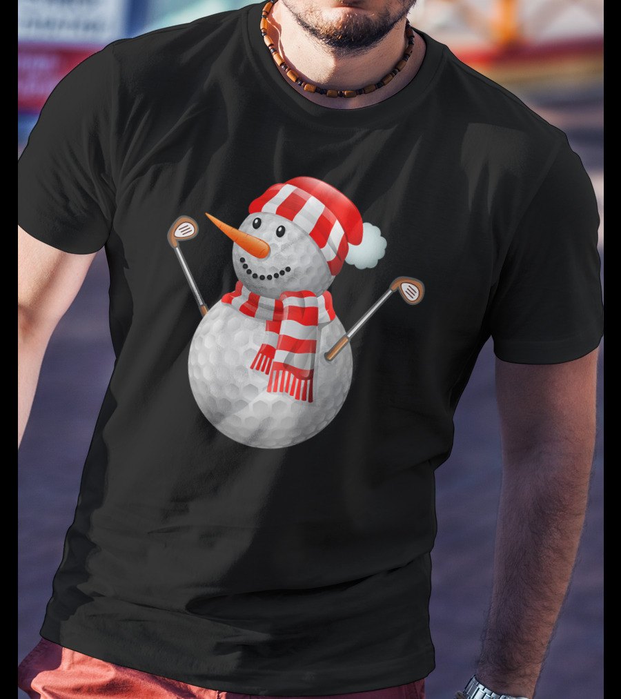 Snowman Golf Ball Christmas Hat Red Scarf Golf Clubs T-Shirt