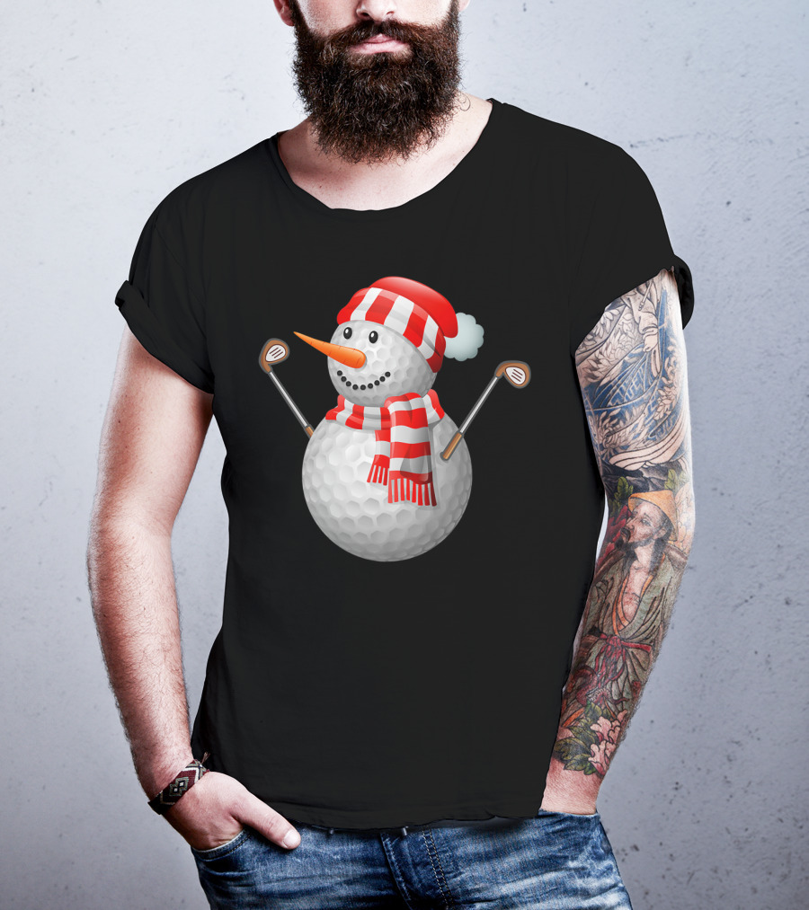 Snowman Golf Ball Christmas Hat Red Scarf Golf Clubs T-Shirt