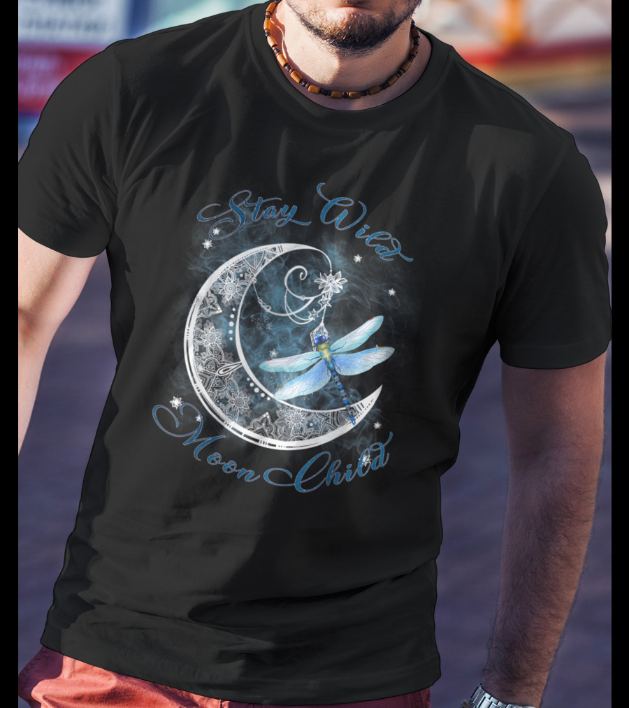 Stay Wild Moon Child Dreamy Dragonfly On Crescent Moon T-Shirt