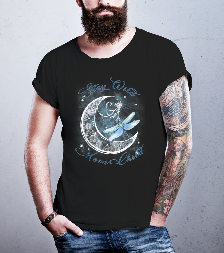 Stay Wild Moon Child Dreamy Dragonfly On Crescent Moon T-Shirt