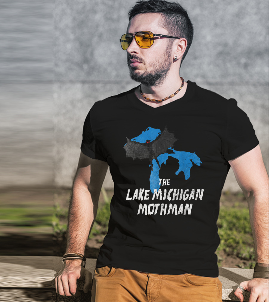 The Lake Michigan Mothman Over Michigan Map With Black And Red Bat Monster T-Shirt