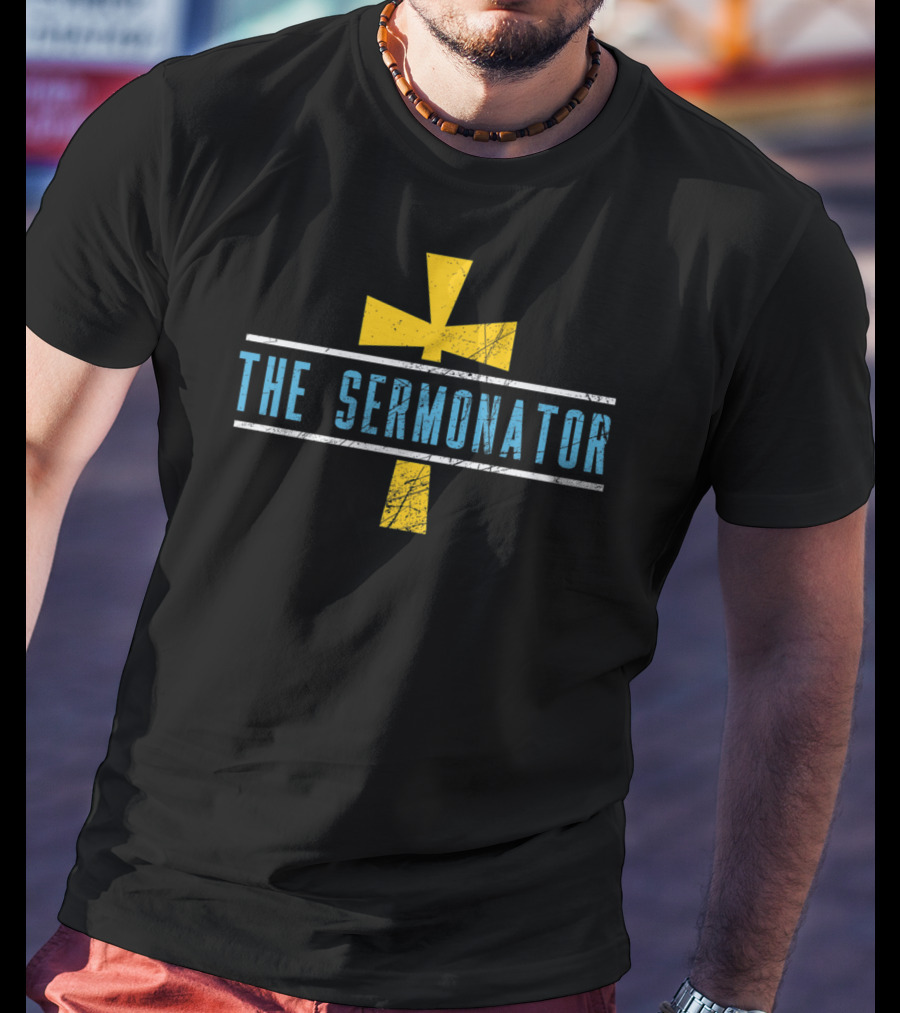 The Sermonator Distressed Cross Symbol Text T-Shirt