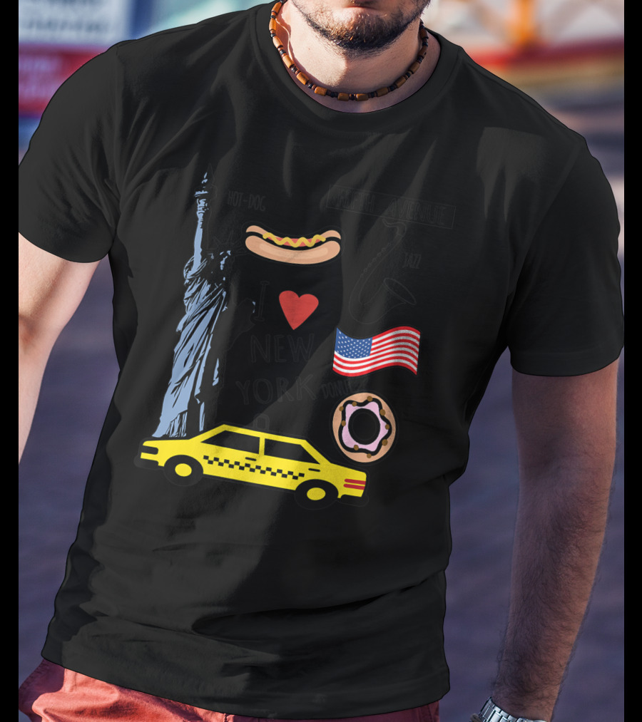 I Heart New York Top Spots Statue Of Liberty Taxi Fifth Avenue Hot Dog Jazz Donut American Flag T-Shirt