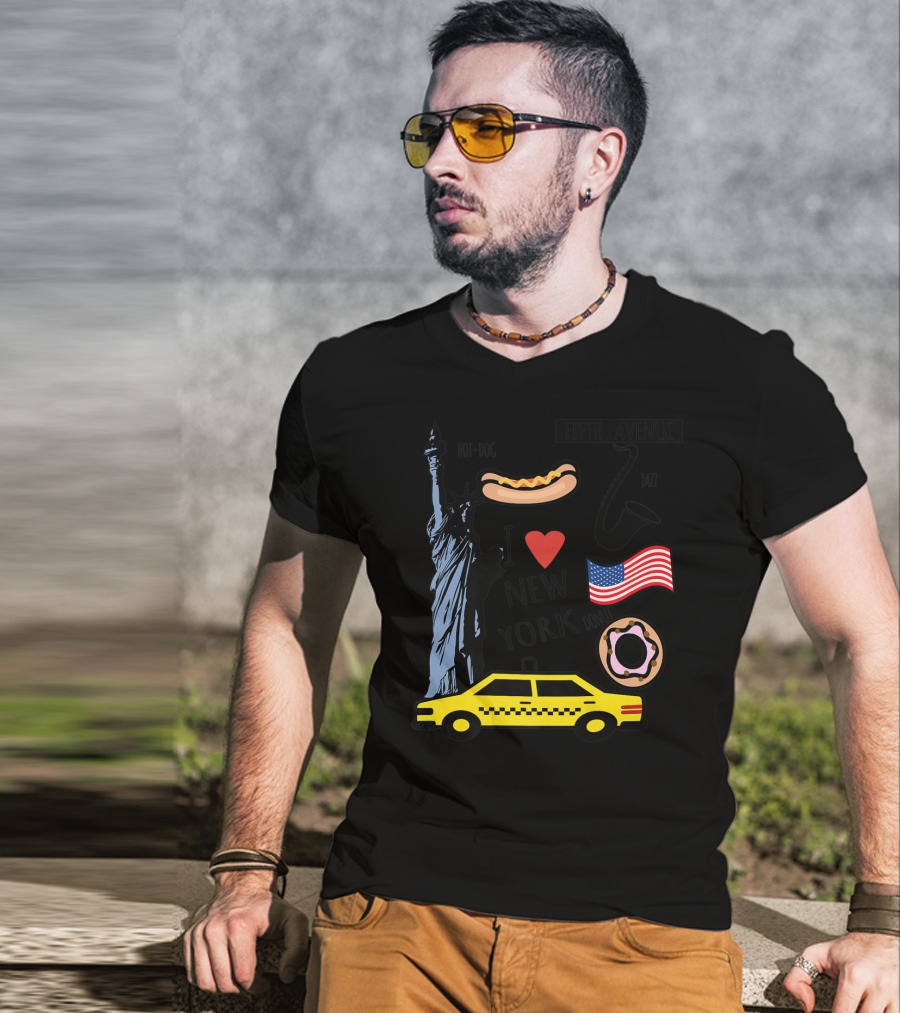 I Heart New York Top Spots Statue Of Liberty Taxi Fifth Avenue Hot Dog Jazz Donut American Flag T-Shirt