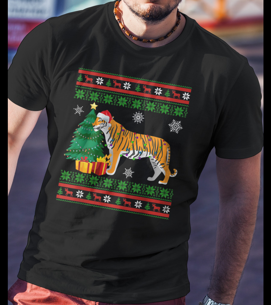Tiger With Santa Hat And Christmas Tree Holiday Pattern Snowflakes And Reindeer T-Shirt