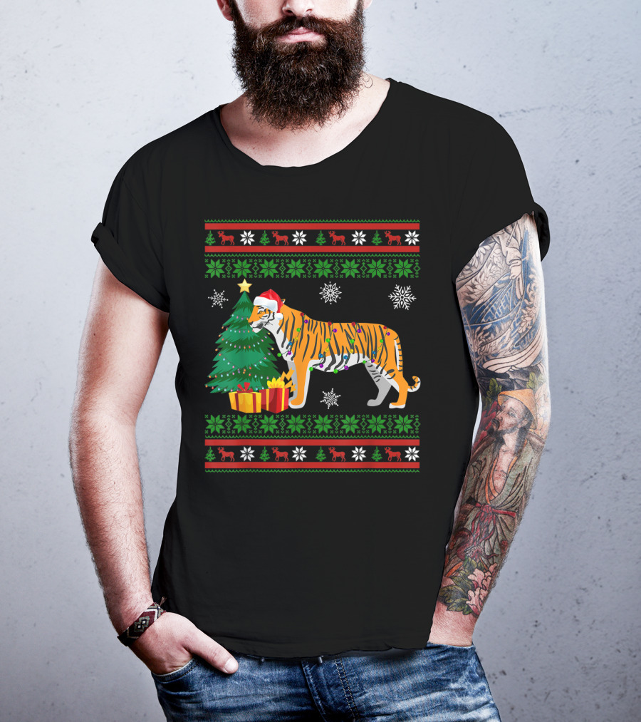 Tiger With Santa Hat And Christmas Tree Holiday Pattern Snowflakes And Reindeer T-Shirt