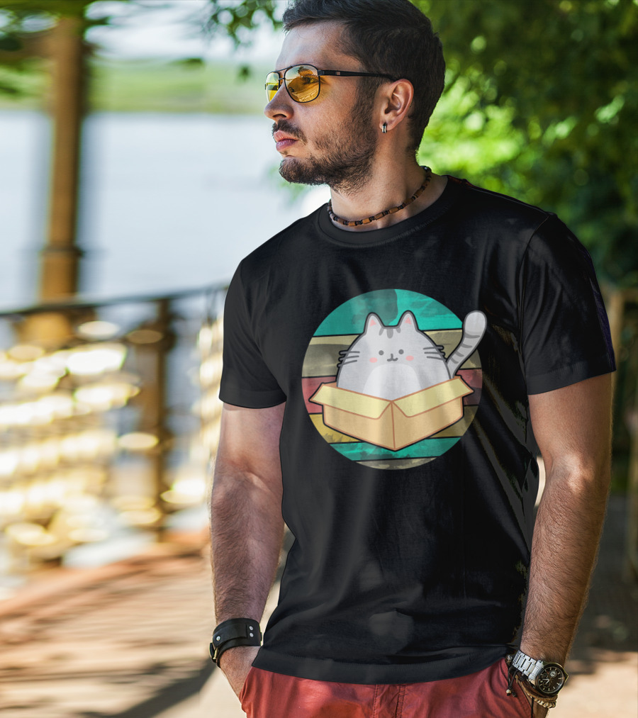 Retro Fat Cat In Box With Vintage Stripes T-Shirt