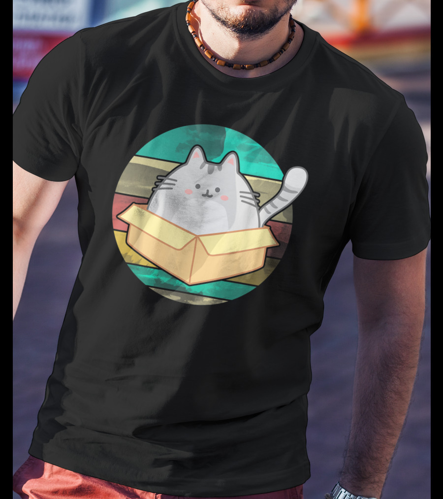 Retro Fat Cat In Box With Vintage Stripes T-Shirt