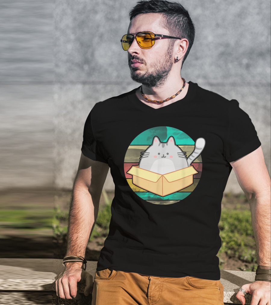 Retro Fat Cat In Box With Vintage Stripes T-Shirt