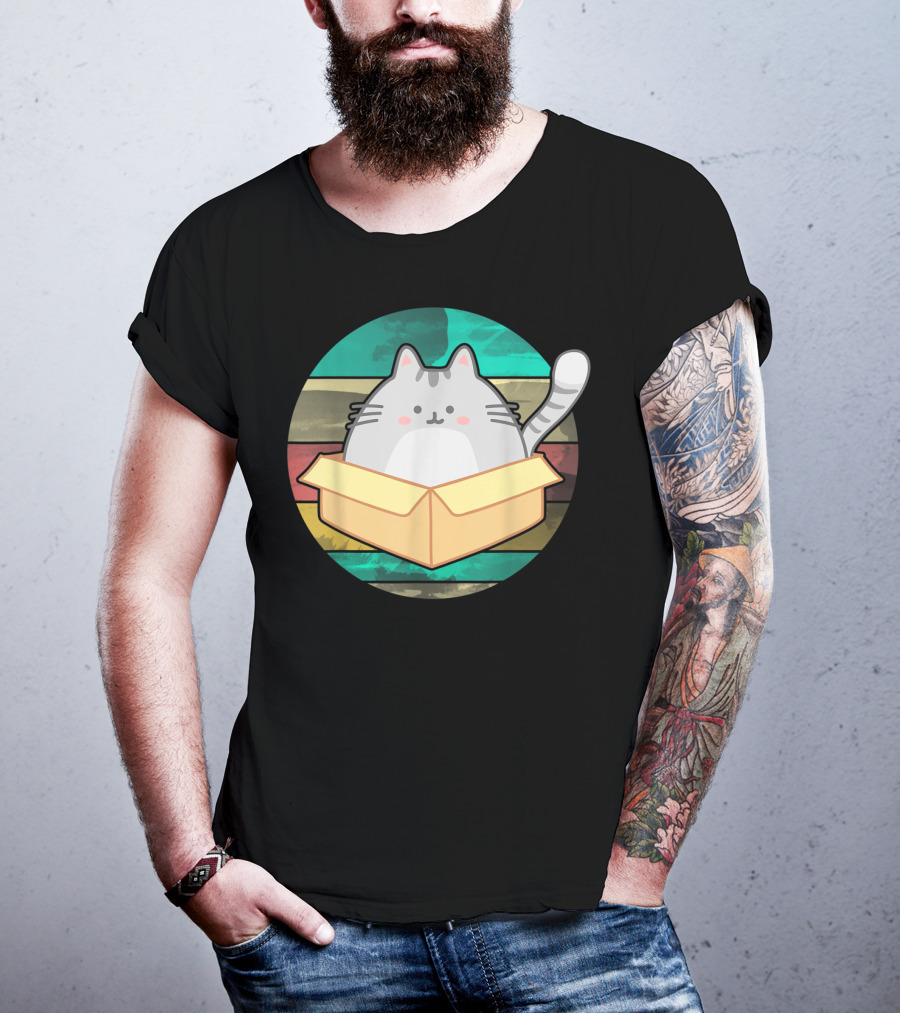 Retro Fat Cat In Box With Vintage Stripes T-Shirt