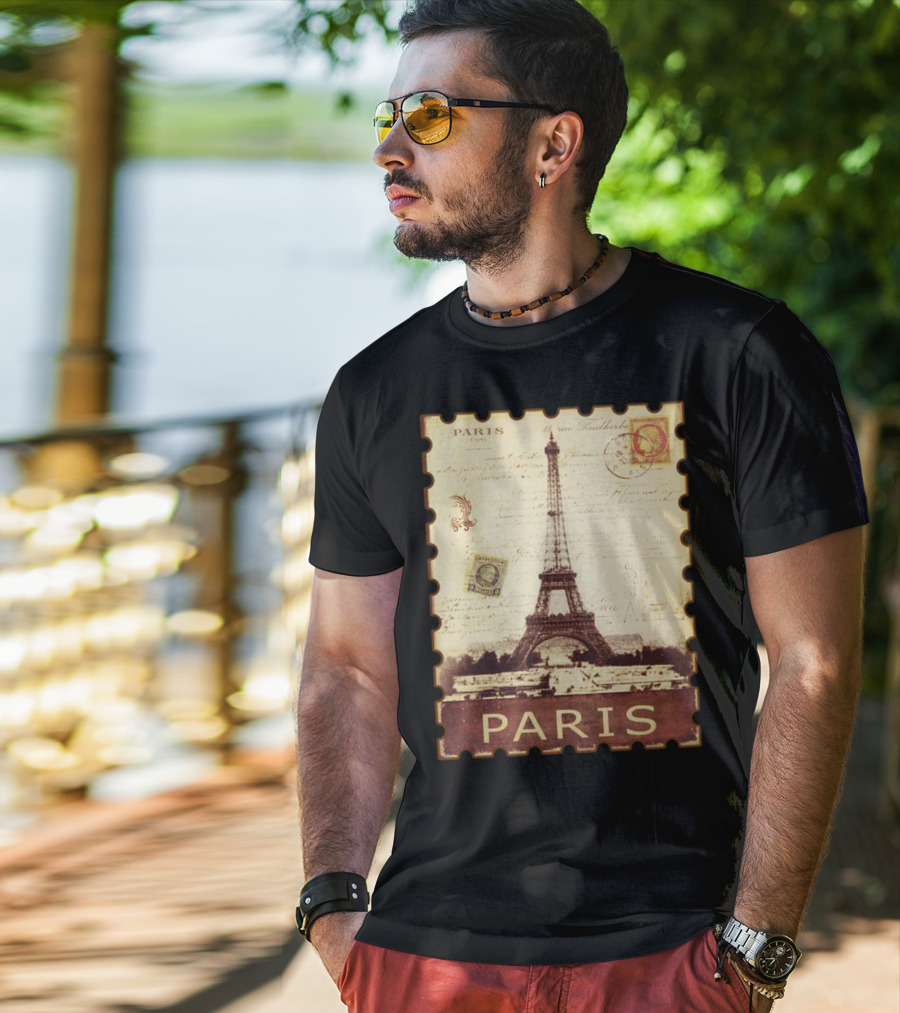 Vintage Eiffel Tower Paris Stamp With Distressed Paris Text T-Shirt