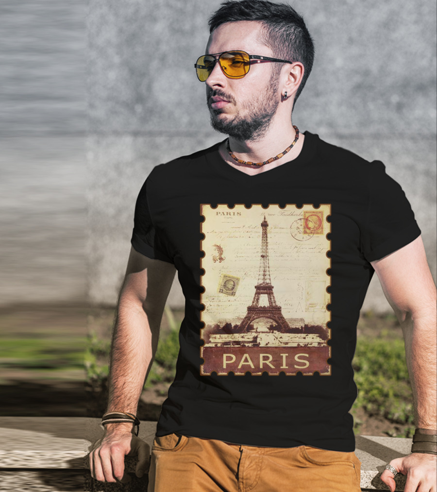 Vintage Eiffel Tower Paris Stamp With Distressed Paris Text T-Shirt