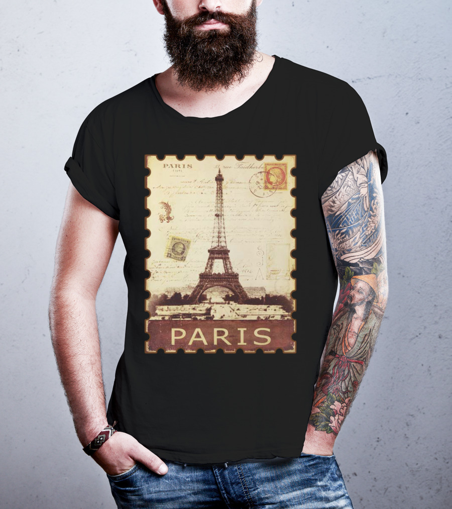 Vintage Eiffel Tower Paris Stamp With Distressed Paris Text T-Shirt