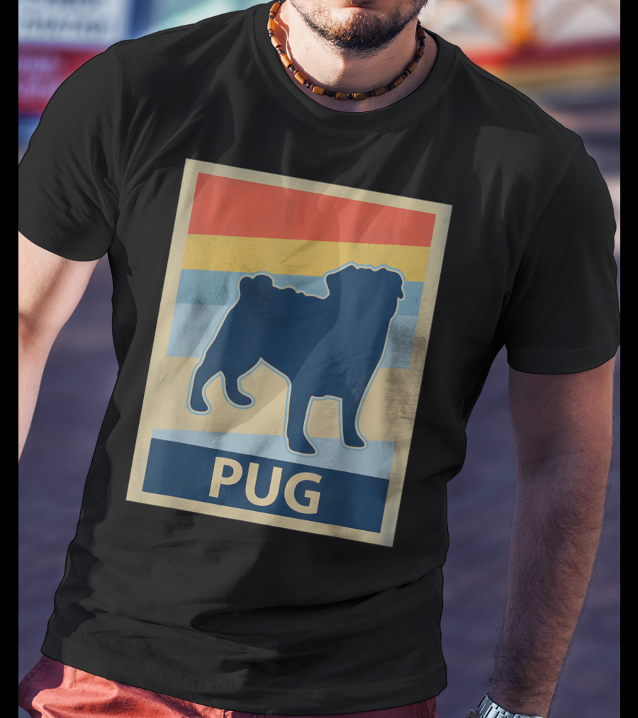 Vintage Pug Silhouette With Retro Stripes T-Shirt