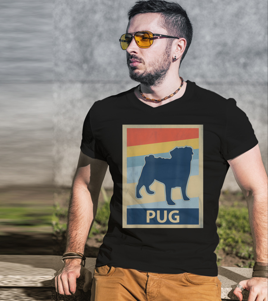 Vintage Pug Silhouette With Retro Stripes T-Shirt