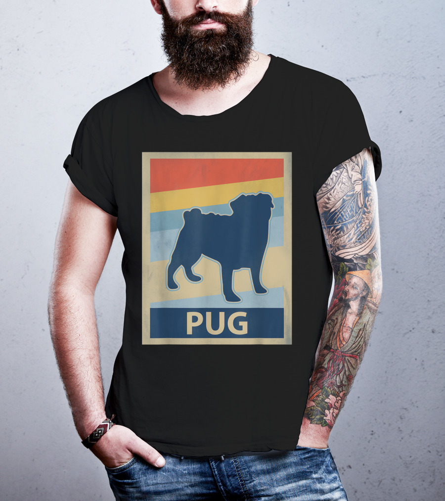 Vintage Pug Silhouette With Retro Stripes T-Shirt