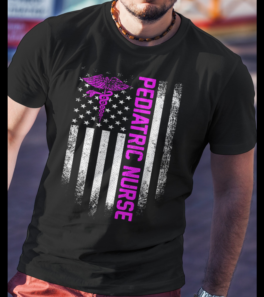 Pediatric Nurse American Flag Vintage USA Caduceus T-Shirt