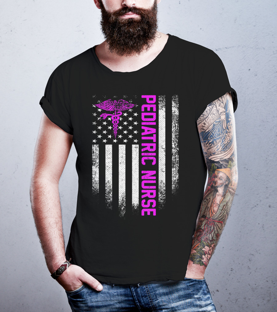 Pediatric Nurse American Flag Vintage USA Caduceus T-Shirt
