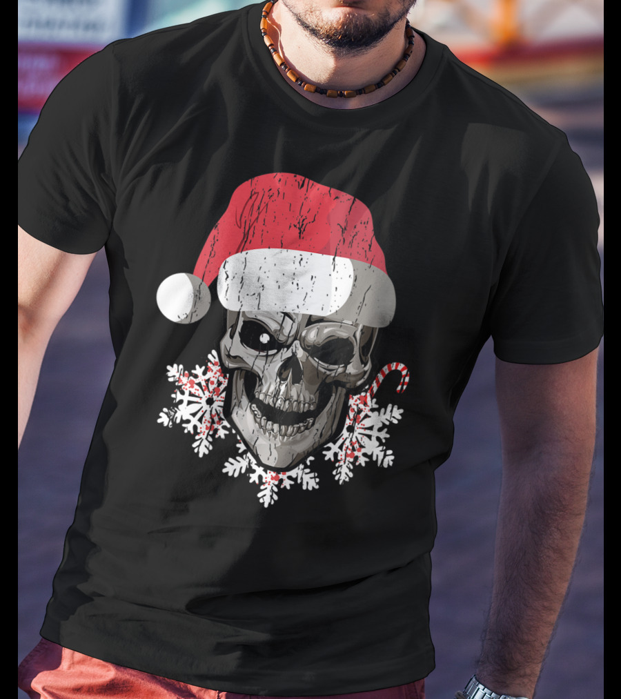 Skull With Santa Hat Snowflakes Candy Cane T-Shirt