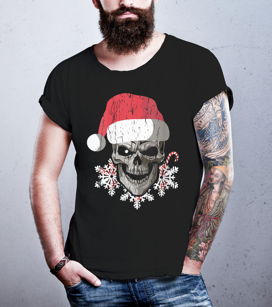Skull With Santa Hat Snowflakes Candy Cane T-Shirt