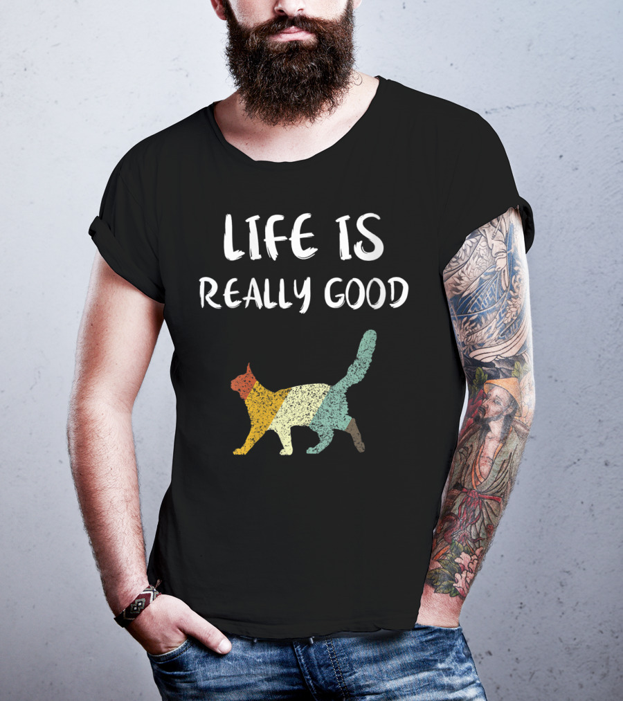 Life Is Really Good Vintage Cat Multicolor T-Shirt