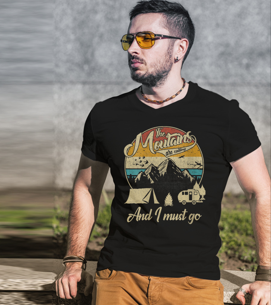 The Mountains Are Calling And I Must Go Vintage 80s Camping Scene T-Shirt