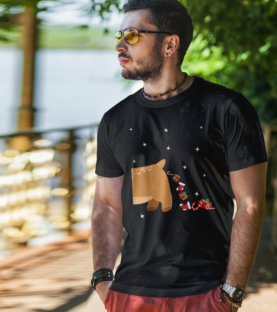 Xmas Sick Reindeer Costume Matching Couple With Stars And Falling Candy Cane Presents T-Shirt