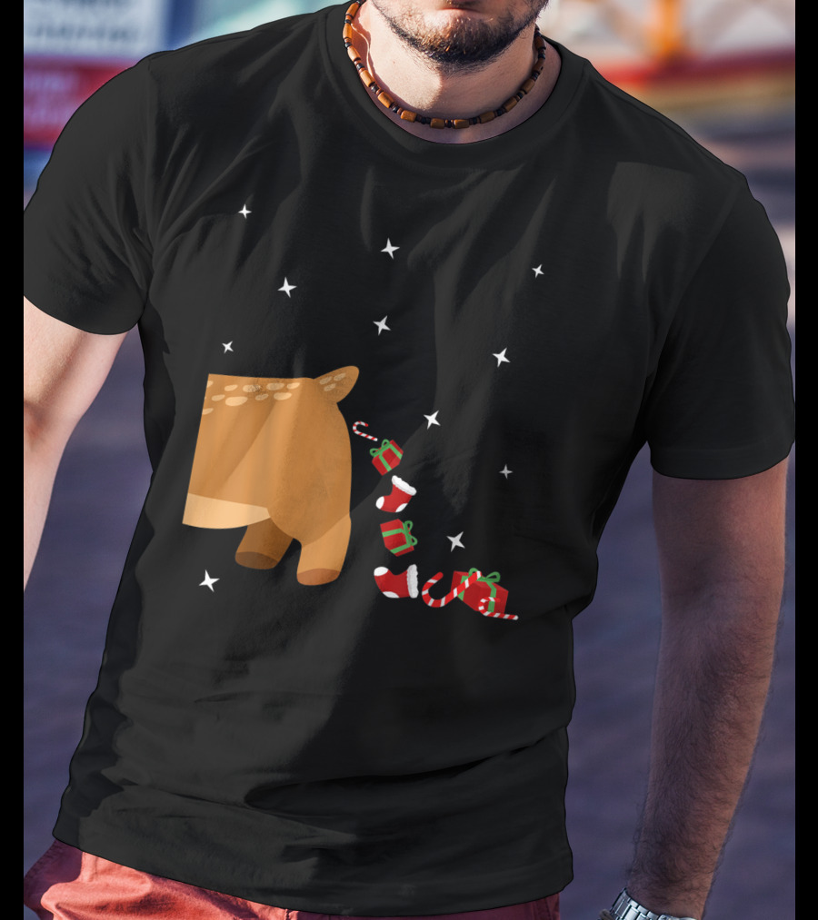 Xmas Sick Reindeer Costume Matching Couple With Stars And Falling Candy Cane Presents T-Shirt