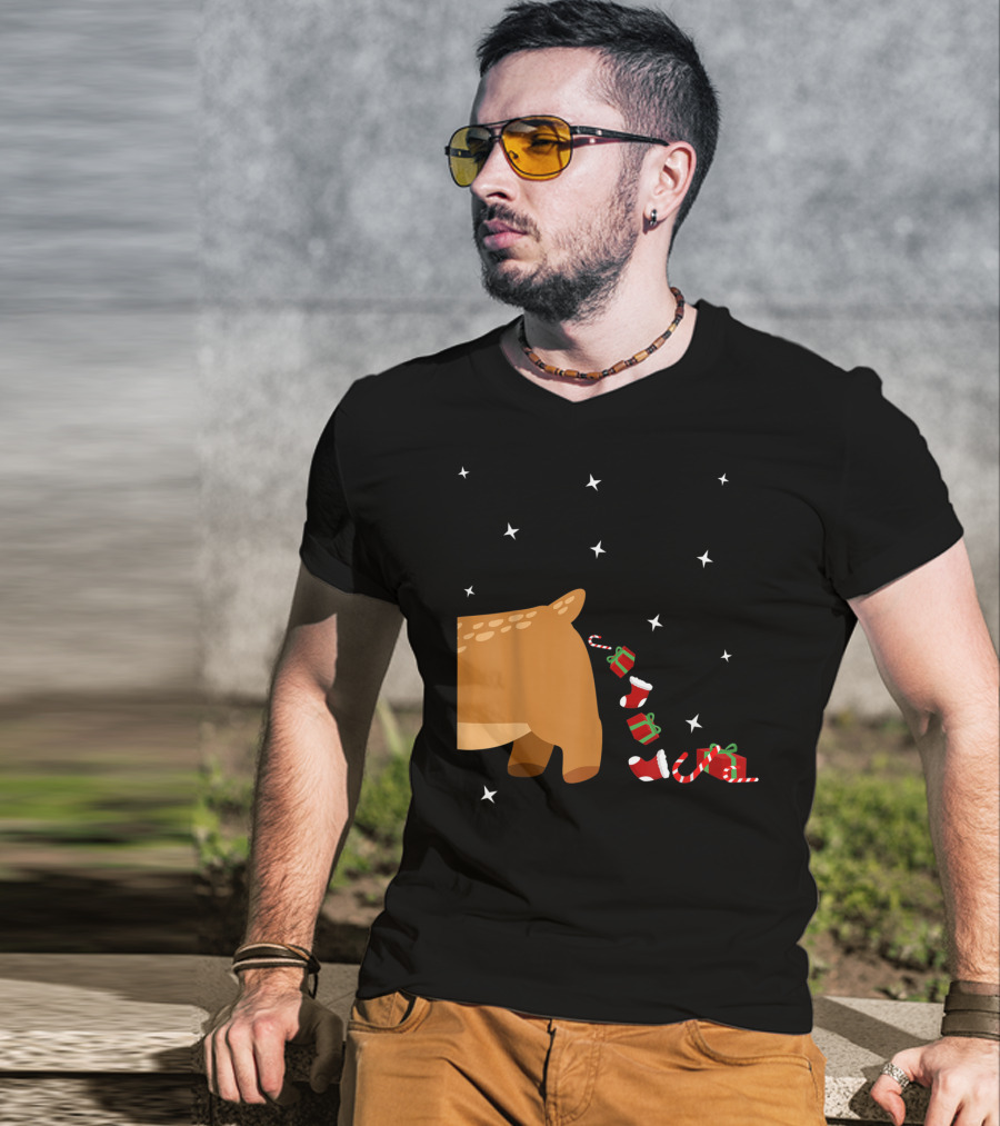 Xmas Sick Reindeer Costume Matching Couple With Stars And Falling Candy Cane Presents T-Shirt