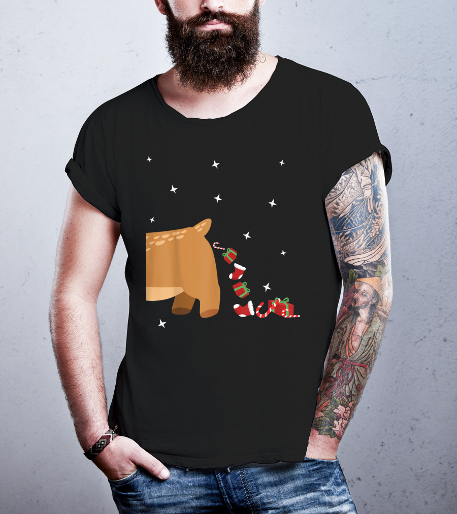 Xmas Sick Reindeer Costume Matching Couple With Stars And Falling Candy Cane Presents T-Shirt
