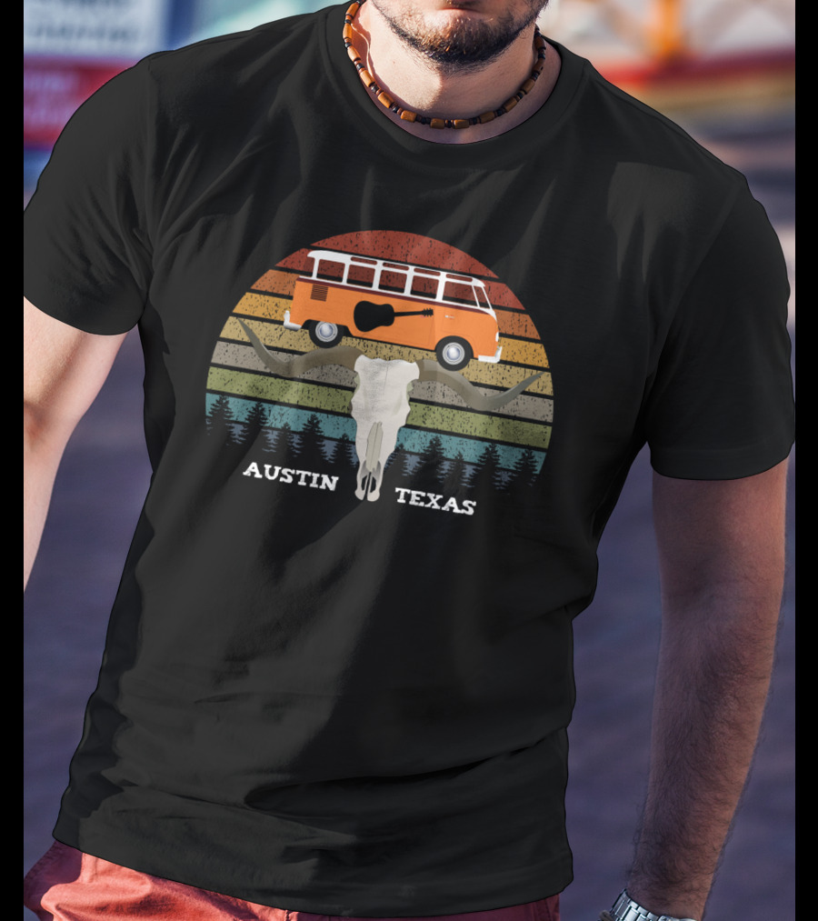 Austin Texas Sunset Van Guitar Skull Forest Vintage T-Shirt