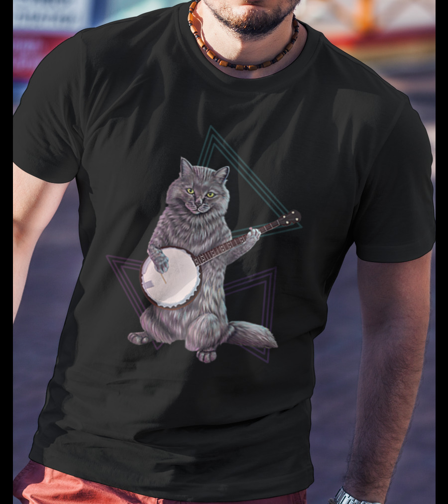 Banjo Cat Rock Kitty Playing The Banjo Triangular Neon Background T-Shirt