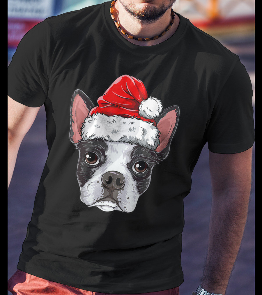 Boston Terrier Christmas Dog Santa Hat T-Shirt