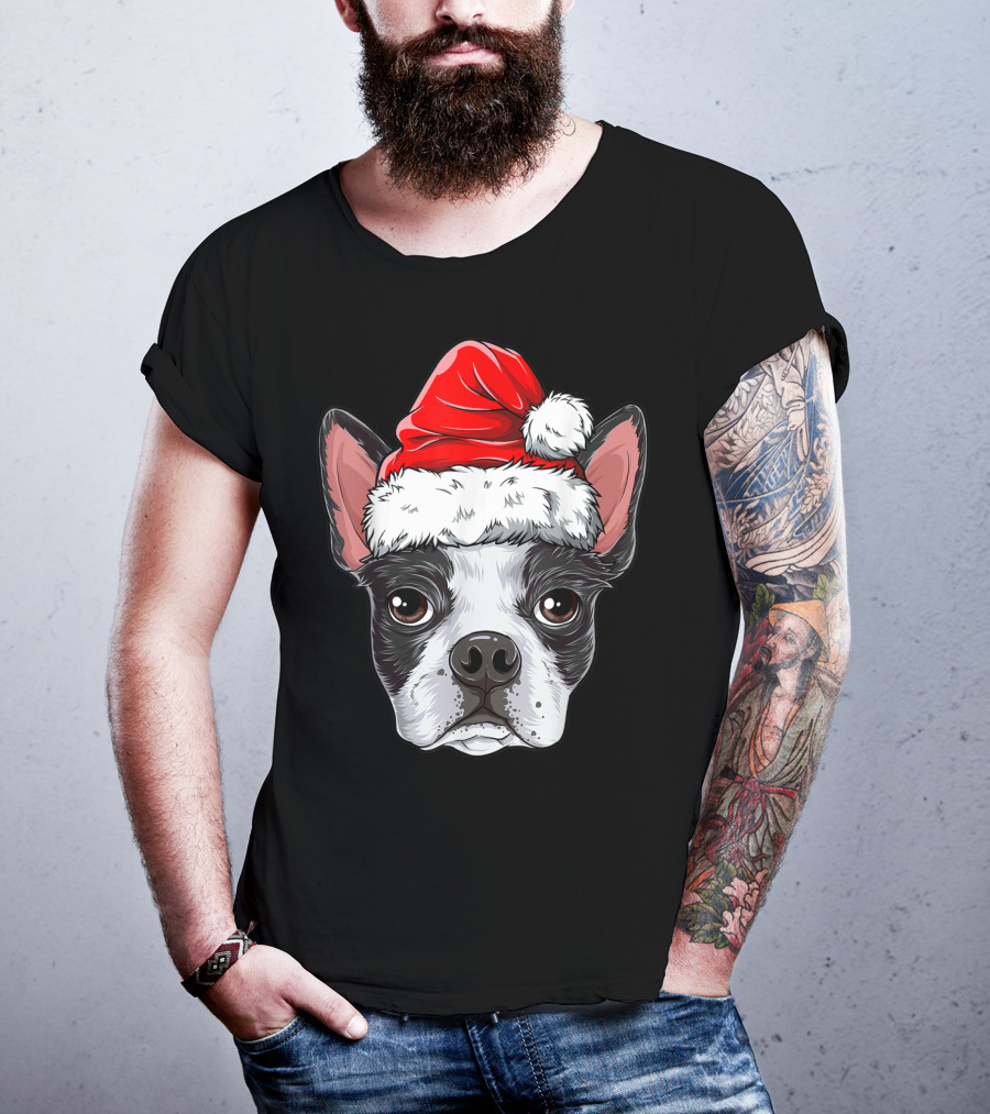 Boston Terrier Christmas Dog Santa Hat T-Shirt