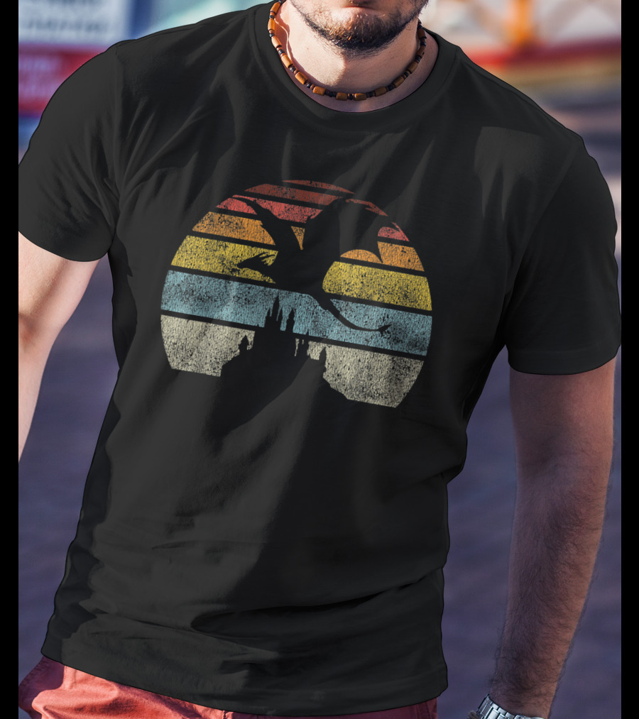 Castle And Dragon Silhouette Against Retro Sunset Stripes T-Shirt