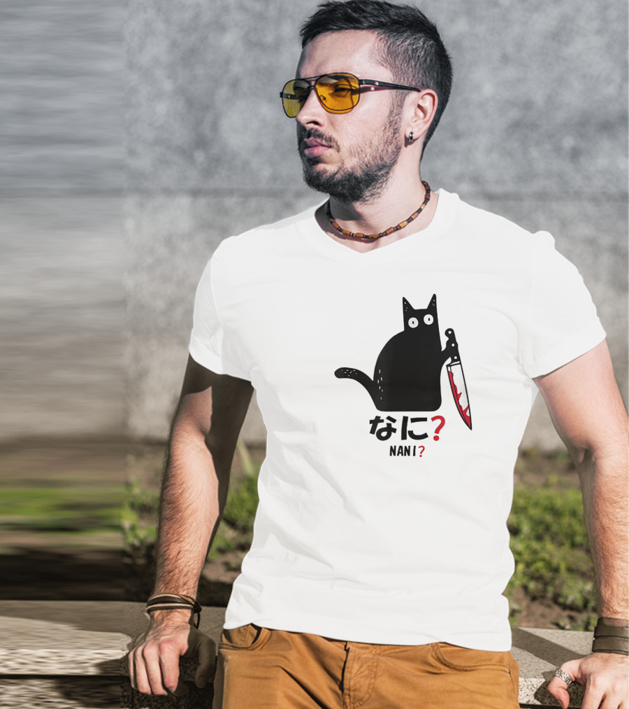 Nani What Murderous Black Cat With Knife Kanji T-Shirt