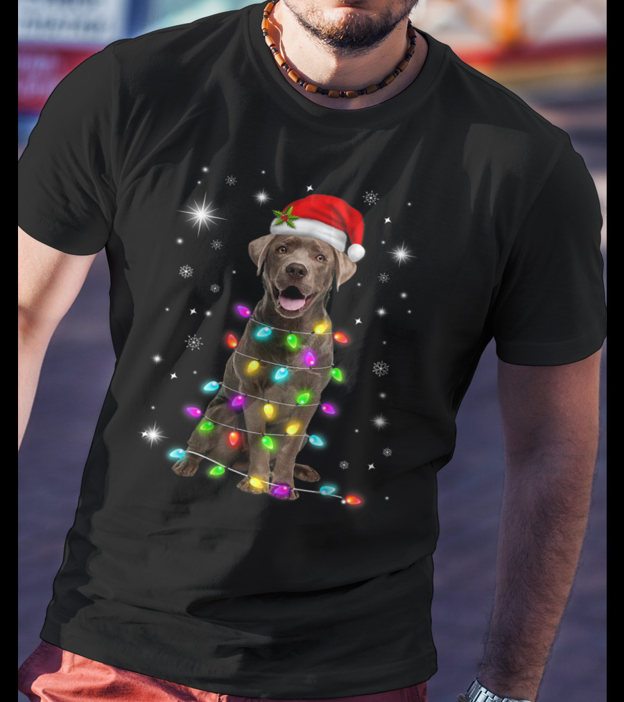 Chocolate Labrador Santa Hat Christmas Lights Snowflakes T-Shirt