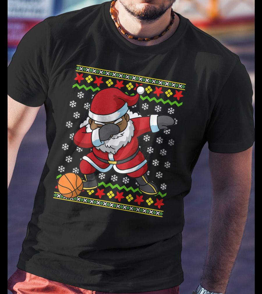 Christmas Black African American Santa Dabbing Basketball Ugly T-Shirt