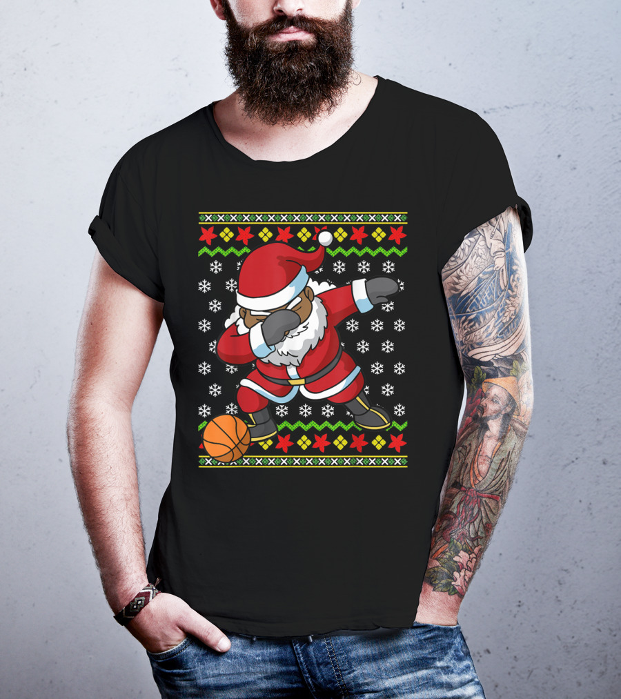 Christmas Black African American Santa Dabbing Basketball Ugly T-Shirt