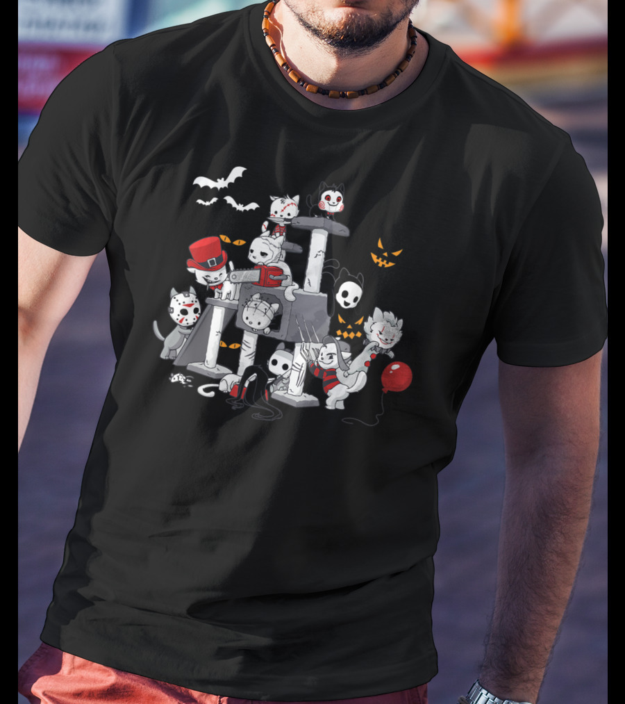 Cats Dressed As Iconic Creeps For Halloween Horror Movie Night T-Shirt
