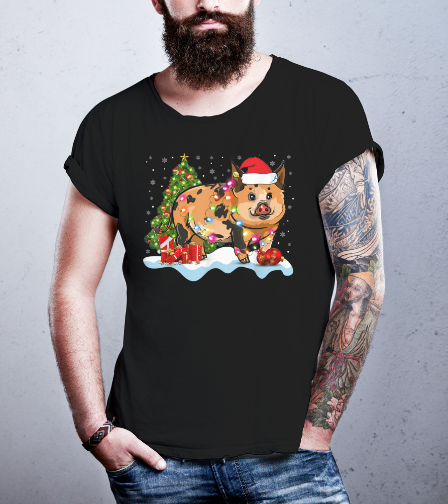 Kunekune Pig Santa Hat Christmas Tree Lights Snowflakes T-Shirt