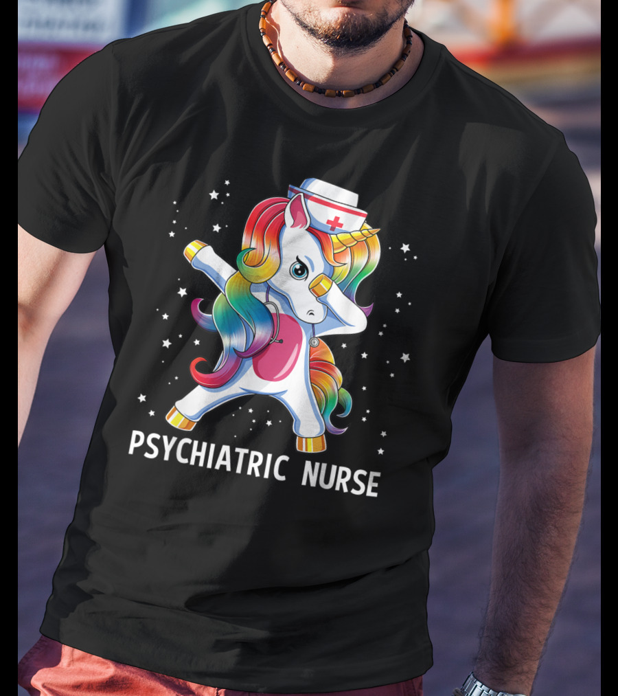 Dabbing Unicorn Rainbow Psychiatric Nurse With Nurse Hat And Stars T-Shirt
