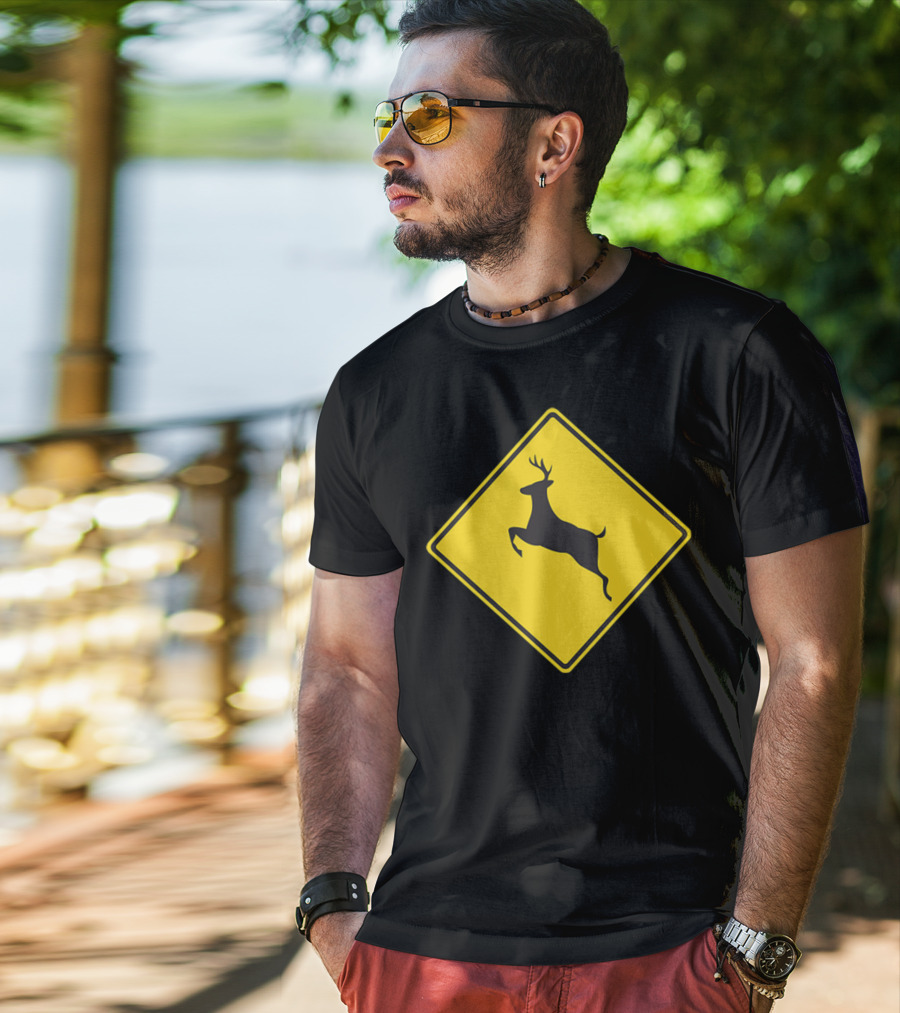Yellow Deer Crossing Road Sign T-Shirt
