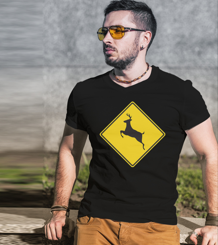 Yellow Deer Crossing Road Sign T-Shirt