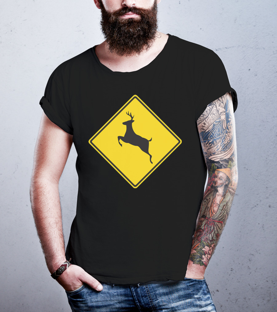 Yellow Deer Crossing Road Sign T-Shirt