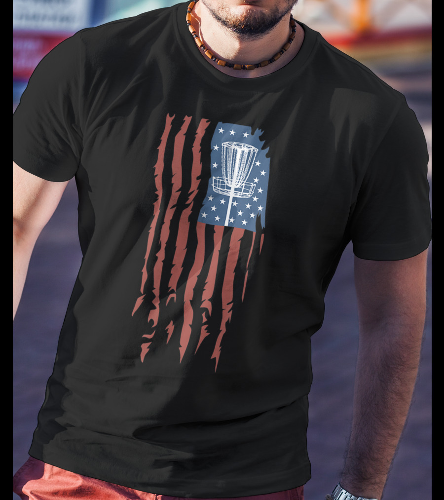 Disc Golf Basket American Flag Frisbee Sports USA T-Shirt