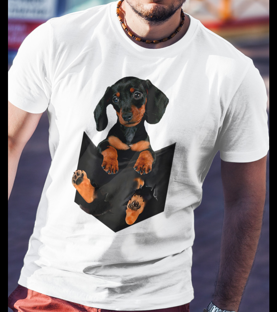 Doxie Dachshund Puppy Dog In Pocket T-Shirt