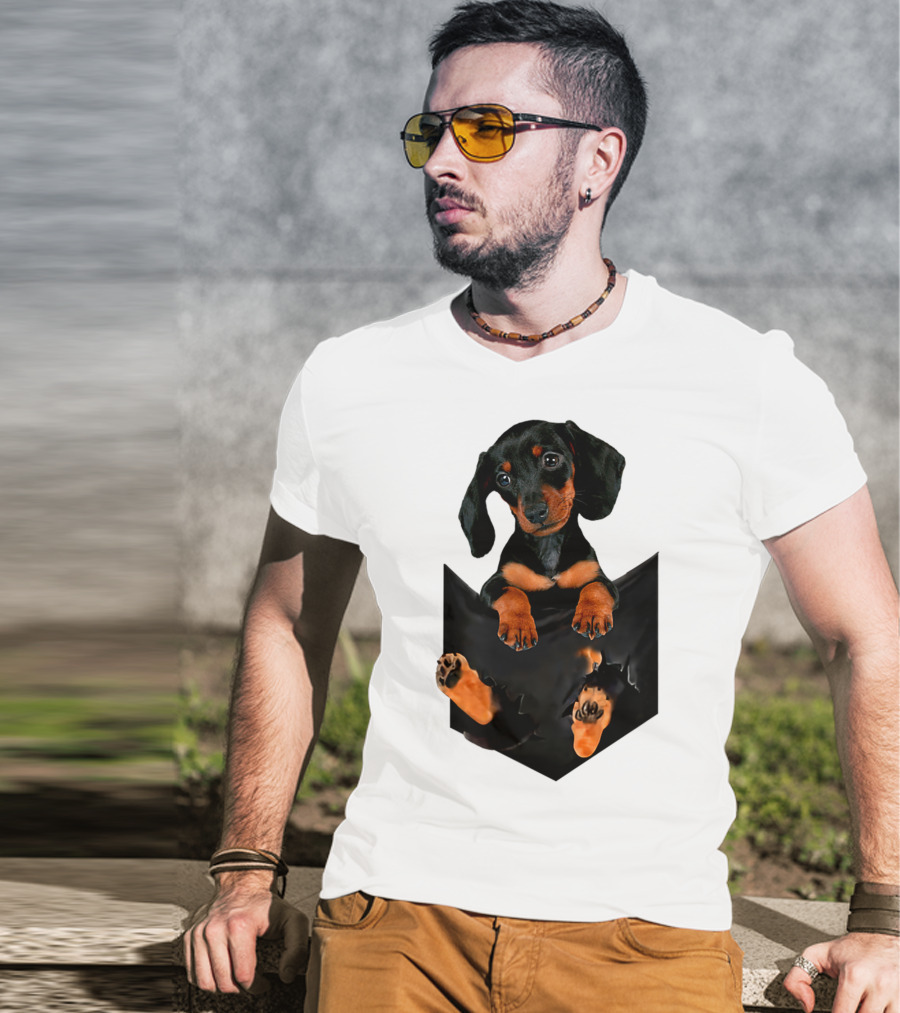 Doxie Dachshund Puppy Dog In Pocket T-Shirt